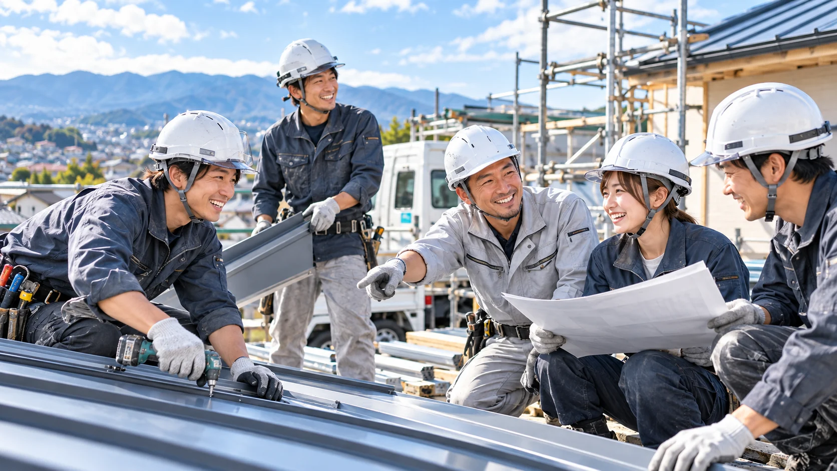 笑顔で協力しながら屋根工事に取り組む職人たちのイメージ